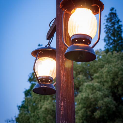 Traditional light pole of wood with tree in the background and blue sky at evening