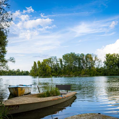 Old boat made of wood floating near a tree on the Isar river in a calm sunny day in Bayern