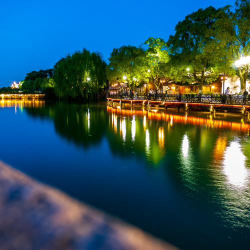 Long exposure photo of the Xischi river taken in Wuzhen at evening during the blue hour