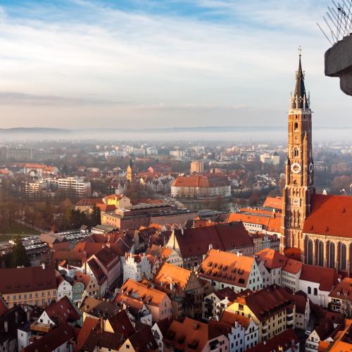 View of the old town of Landshut from above. In the center the bell tower of St. Martin