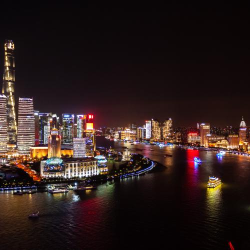 Huangpu River, Shanghai Tower, the Oriental Pearl Tower, and the Shanghai World Financial Center at night